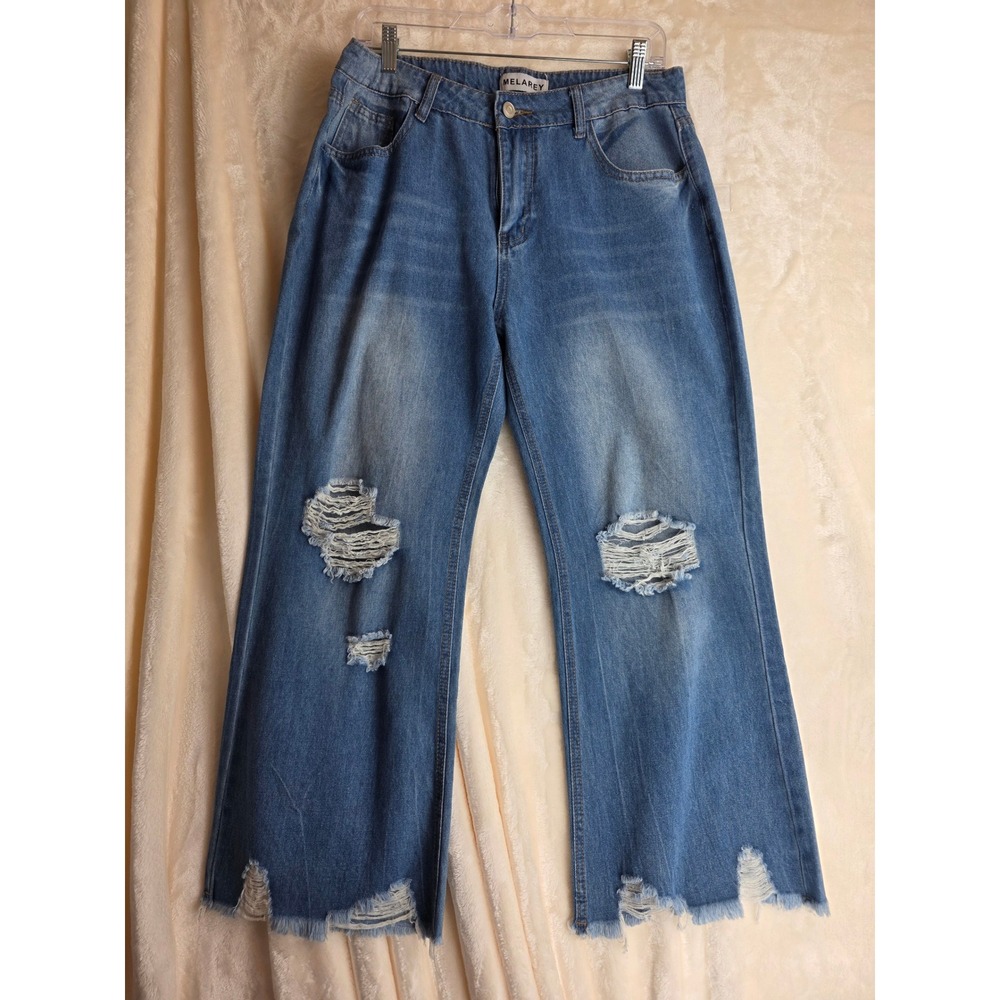 Melarey Womens Distressed Ripped Wide‎ Leg Jeans Size L Raw Hem Light Wash